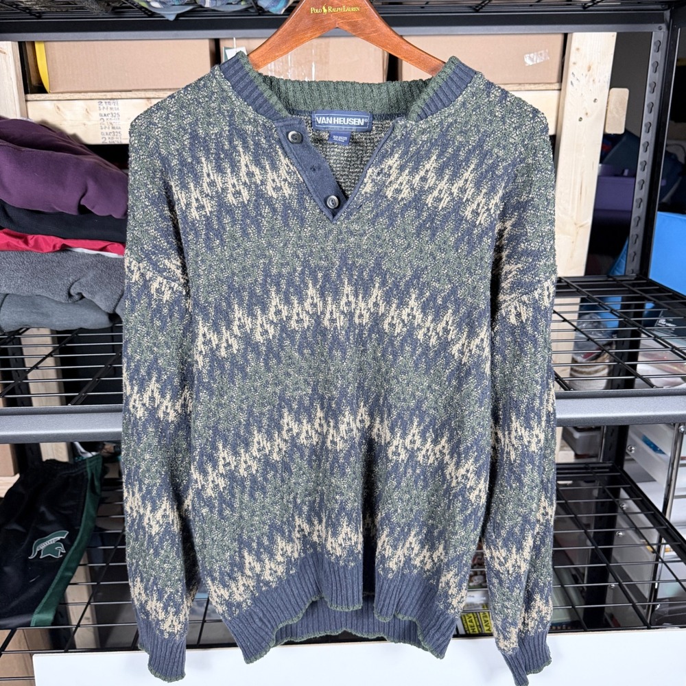 vintage VAN HEUSEN Mens L Henley Sweater Green Tan Fair Isle‎ Knit Made Italy
